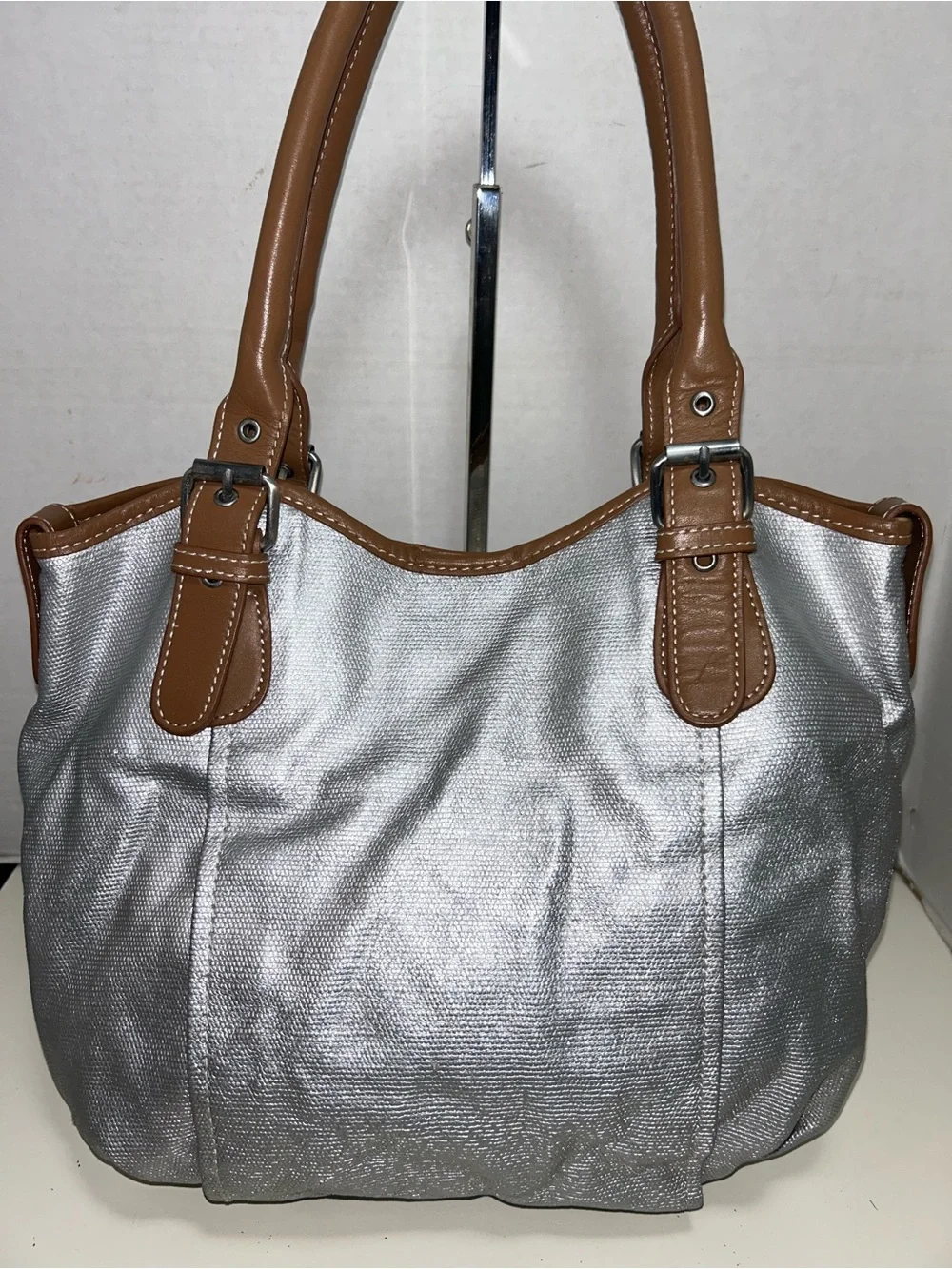 Boden Silver Metallic Coated Corton Tan Leather Tote Shoulder Bag
